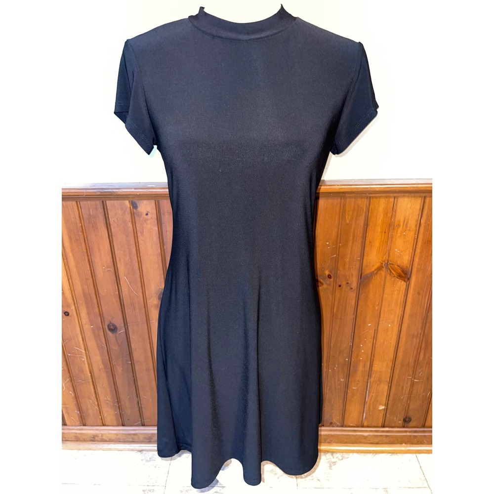 Womens Annalee + Hope Black High Neck Short Sleeve‎ Slinky Spandex Midi Dress S